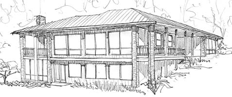A sketch of the pond side view of this home